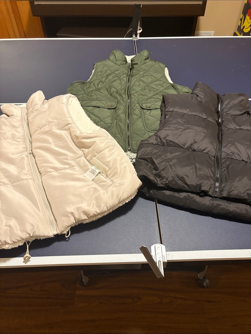 Three Cozy Quilted & Puffer Vests - cream, Olive, Black